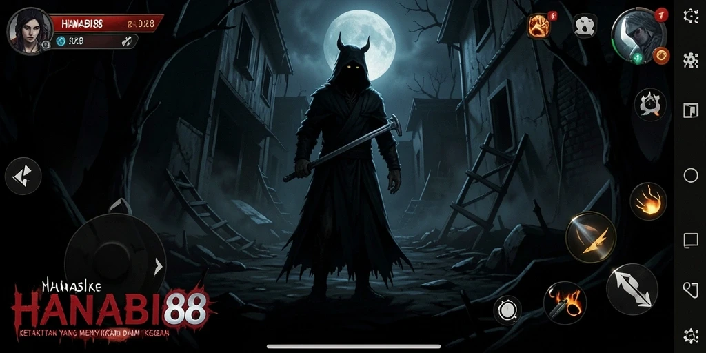 Screenshot gameplay HANABI88 menampilkan suasana horor yang menakutkan.