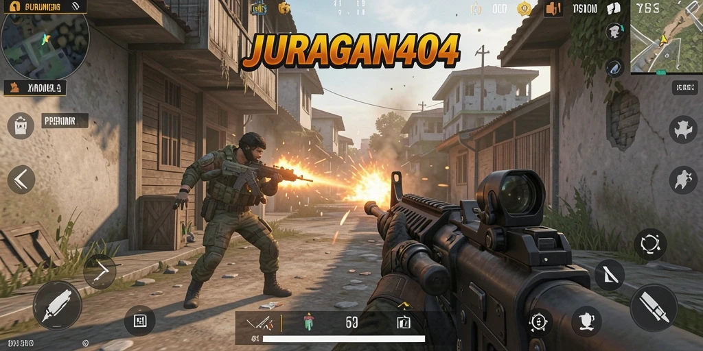 Screenshot JURAGAN404 menampilkan aksi tembak menembak intens.