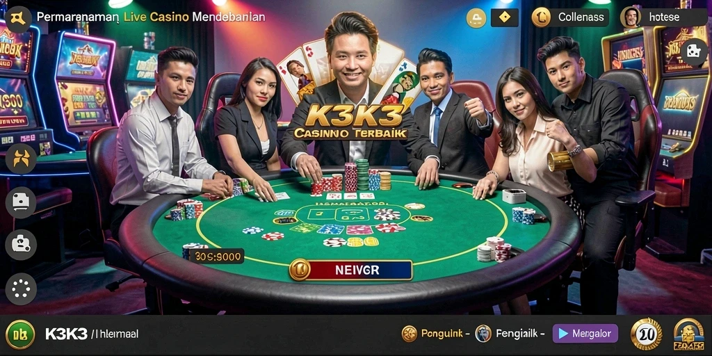 Screenshot gameplay K3K3 yang menampilkan dealer langsung dan permainan mendebarkan.