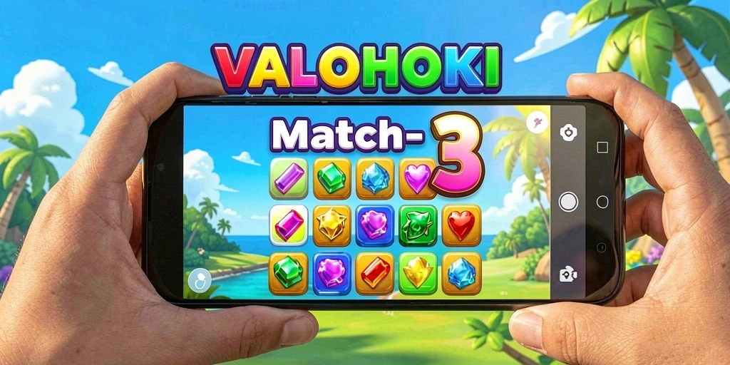 Tampilan screenshot menunjukkan gameplay seru VALOHOKI dalam genre Match-3.